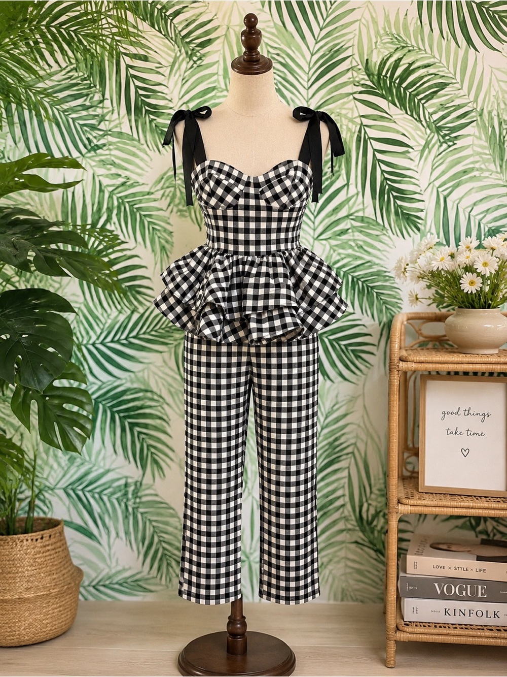 SHEIN Black & White Gingham Peplum Jumpsuit with Tie Straps